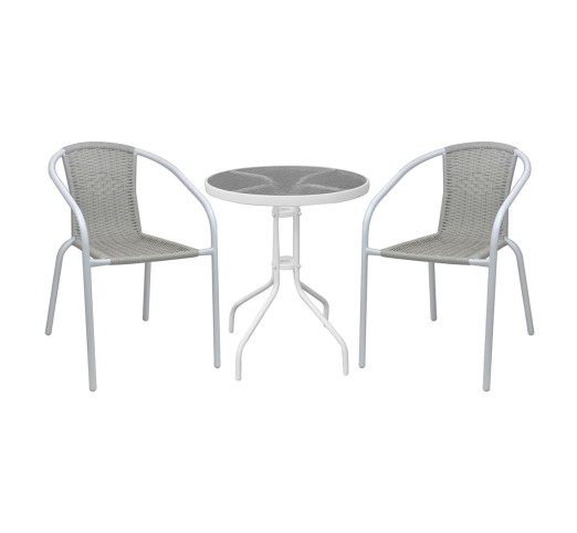 BALENO-W Set - Table Ø60cm & 2 Armchairs / Metal White - Beige Wicker