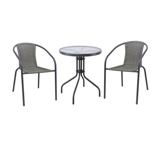 BALENO-W Set Κήπου - Βεράντας Τραπέζι Ø60cm & 2 Πολυθρόνες / Μέταλλο Ανθρακί - Wicker Mixed Grey