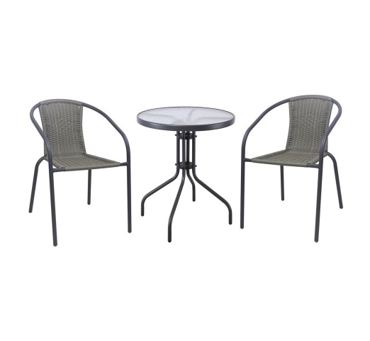 BALENO-W Set Κήπου - Βεράντας Τραπέζι Ø60cm & 2 Πολυθρόνες / Μέταλλο Ανθρακί - Wicker Mixed Grey