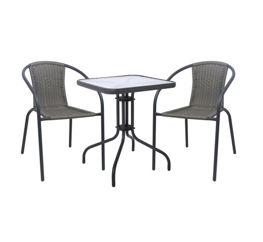 BALENO-W Set Table 70x70cm - 2 Armchairs / Metal Anthracite - Mixed Grey Wicker