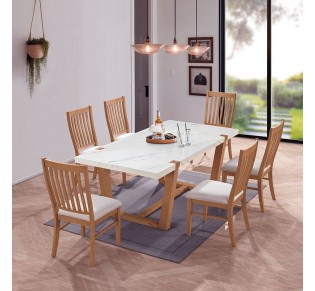 COMET Set Τραπεζαρία Ξύλινη Τραπέζι 200x100cm - 6 Καρέκλες / Φυσικό με MDF Άσπρο Μάρμαρο - Ύφασμα Άσπρο