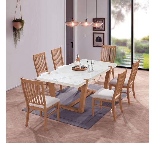 COMET Set Table 200x100cm & 6 Chairs / Natural - MDF White Marble - Fabric White