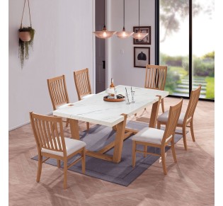 COMET Set Τραπεζαρία Ξύλινη Τραπέζι 200x100cm - 6 Καρέκλες / Φυσικό με MDF Άσπρο Μάρμαρο - Ύφασμα Άσπρο