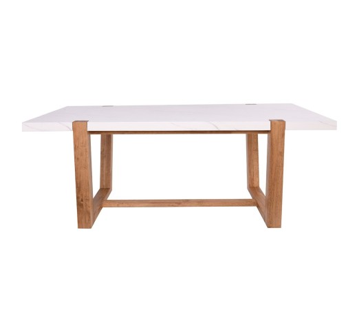 COMET Set Table 200x100cm & 6 Chairs / Natural - MDF White Marble - Fabric White