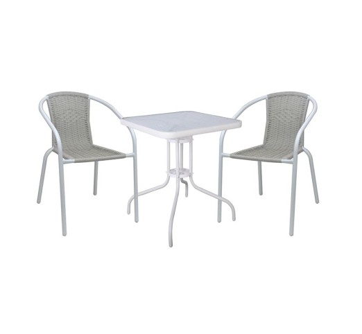 BALENO-W Set Κήπου - Βεράντας Τραπέζι 70x70cm - 2 Πολυθρόνες / Μέταλλο Άσπρο - Wicker Beige