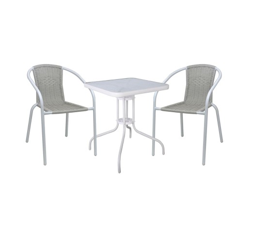 BALENO-W Set Κήπου - Βεράντας Τραπέζι 70x70cm - 2 Πολυθρόνες / Μέταλλο Άσπρο - Wicker Beige