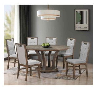GORDON Set Table Ø150 & 6 Chairs / Antique Grey Walnut - Fabric Grey