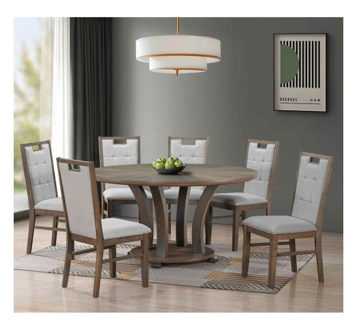 GORDON Set Table Ø150 & 6 Chairs / Antique Grey Walnut - Fabric Grey