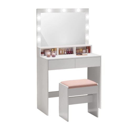LUCY Set Τουαλέτα με Σκαμπό 80x40x140cm & Καθρέπτης LED & θύρα USB / Απόχρωση Άσπρο
