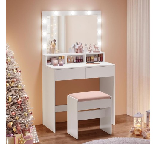 LUCY Set Τουαλέτα με Σκαμπό 80x40x140cm & Καθρέπτης LED & θύρα USB / Απόχρωση Άσπρο