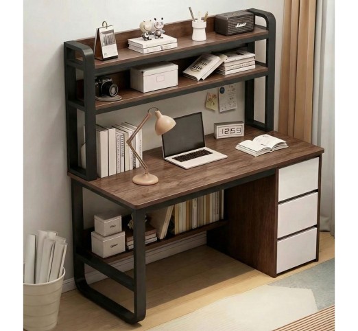 PC Metal Desk - 3 Drawers - 3 Shelves 120x50xH147(74)cm / Black - Walnut