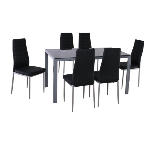 JETTA - DEGO Set Τραπεζαρία Τραπέζι 140x80cm & 6 Καρέκλες / Μέταλλο Γκρι - Γυαλί Μαύρο - PVC Μαύρο