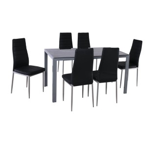 JETTA - DEGO Set Τραπεζαρία Τραπέζι 140x80cm & 6 Καρέκλες / Μέταλλο Γκρι - Γυαλί Μαύρο - PVC Μαύρο
