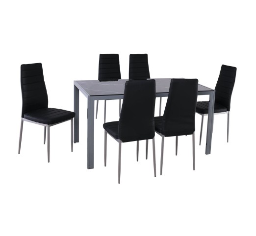 JETTA - DEGO Set Τραπεζαρία Τραπέζι 140x80cm & 6 Καρέκλες / Μέταλλο Γκρι - Γυαλί Μαύρο - PVC Μαύρο