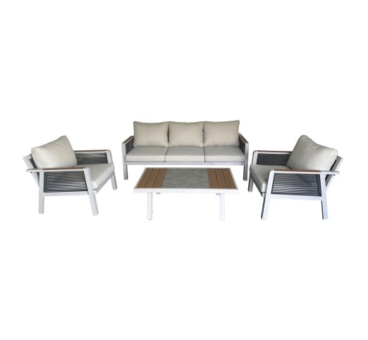TORO Σαλόνι Κήπου Σετ 4τμχ / ALU Άσπρο - Rope Wicker Ανθρακί - Polywood Φυσικό - Μαξιλάρι Εκρού