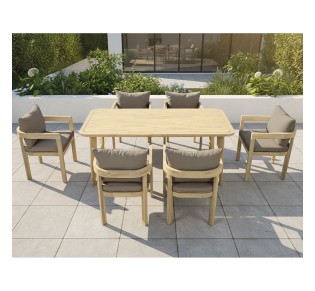 FLORIDA Dining 7pcs Set - Table 180x90cm & 6 Armchairs / Acacia - Cushions Cappuccino