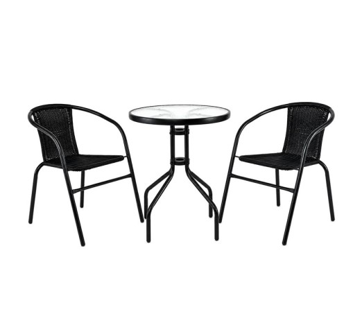 BALENO Set-Pro Κήπου & Βεράντας - Τραπέζι Ø60cm & 2 Πολυθρόνες / Μέταλλο Μαύρο - Wicker Μαύρο