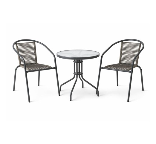 MIKA Set Κήπου - Βεράντας Τραπέζι Ø60cm & 2 Πολυθρόνες / Μέταλλο Βαφή Ανθρακί - PE Rattan Γκρι