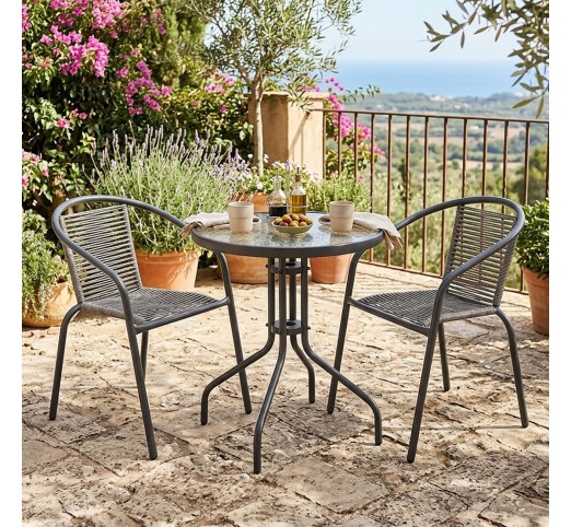 MIKA Set Κήπου - Βεράντας Τραπέζι Ø60cm & 2 Πολυθρόνες / Μέταλλο Βαφή Ανθρακί - PE Rattan Γκρι