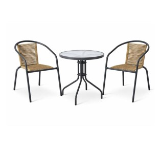 MIKA Set Κήπου - Βεράντας Τραπέζι Ø60cm & 2 Πολυθρόνες / Μέταλλο Βαφή Ανθρακί - PE Rattan Φυσικό