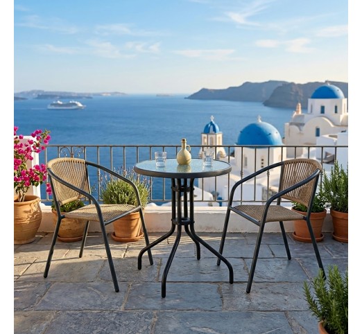 PATTY Set Table Ø60cm & 2 Armchairs / Metal Anthracite - PE Rattan Natural