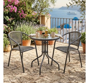 PATTY Set Table Ø60cm & 2 Armchairs / Metal Anthracite - PE Rattan Grey