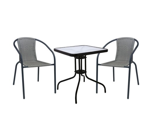 BALENO-W Set Table 70x70cm & 2 Armchairs / Metal Black - Mixed Grey Wicker