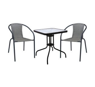 BALENO-W Set Table 70x70cm & 2 Armchairs / Metal Black - Mixed Grey Wicker