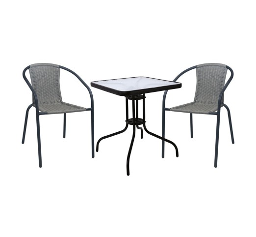 BALENO-W Set Κήπου & Βεράντας - Τραπέζι 70x70cm & 2 Πολυθρόνες / Μέταλλο Βαφή Μαύρο - Wicker Mixed Grey