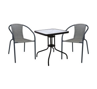 BALENO-W Set Table 70x70cm & 2 Armchairs / Metal Black - Mixed Grey Wicker