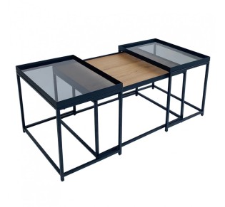 HARMONICA COFFEE TABLE SET 3ΤΕΜ ΦΥΣΙΚΟ ΦΙΜΕ ΜΑΥΡΟ 75x55xH44cm